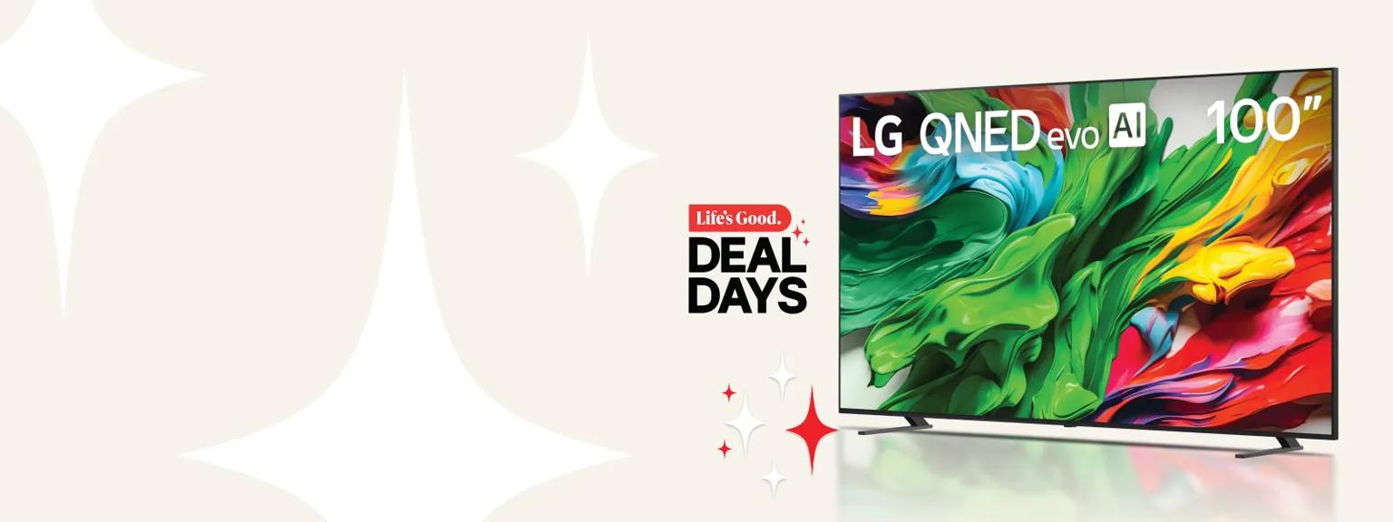 “Life’s Good Deal Days” title badge. QNED TV on beige background.