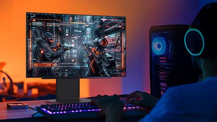 A gamer wearing headphones plays an FPS match on an LG UltraGear monitor, showing futuristic soldiers aiming in a neon-lit cyberpunk city, with a glowing RGB keyboard and gaming PC beside them.