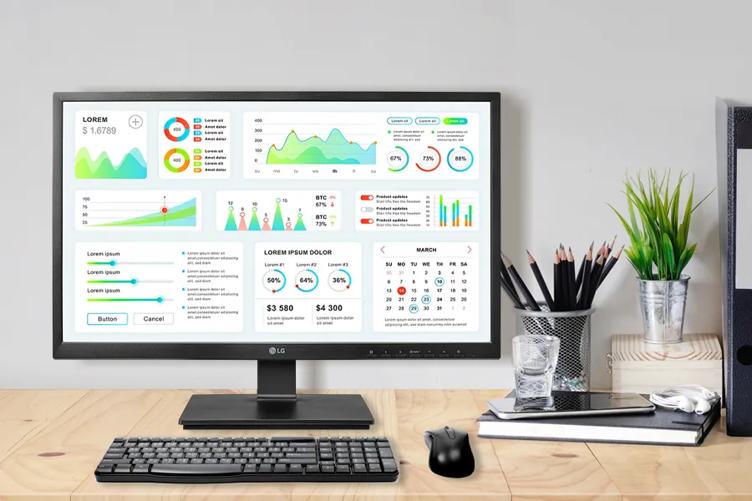 An LG Zero Client Cloud monitor on a black background. Brightly colored financial graphs fill the display.