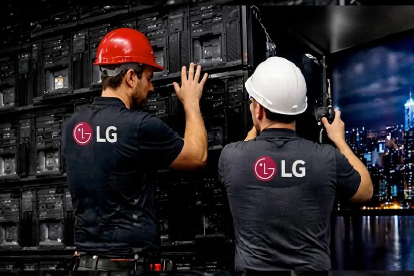 Two LG technicians install DVLED panels. An icon shows a technician beside a simplified DVLED display. 