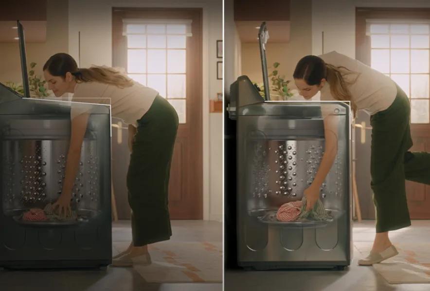 Side-by-side view of a woman reaching into a washer with the EasyUnload feature on the left, and the same woman reaching into a washer without the feature on the right side of the image.