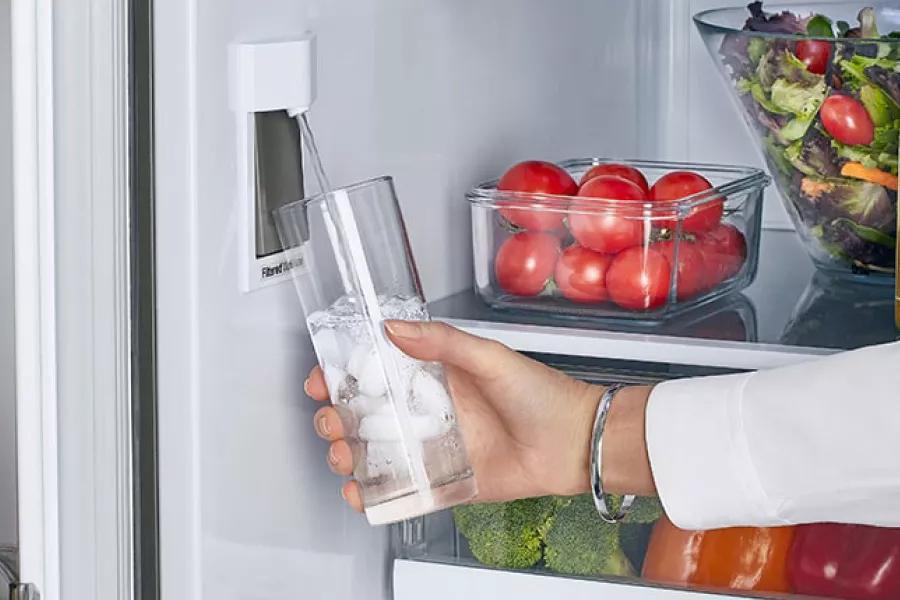 Refrigerator exterior showcasing internal water dispenser