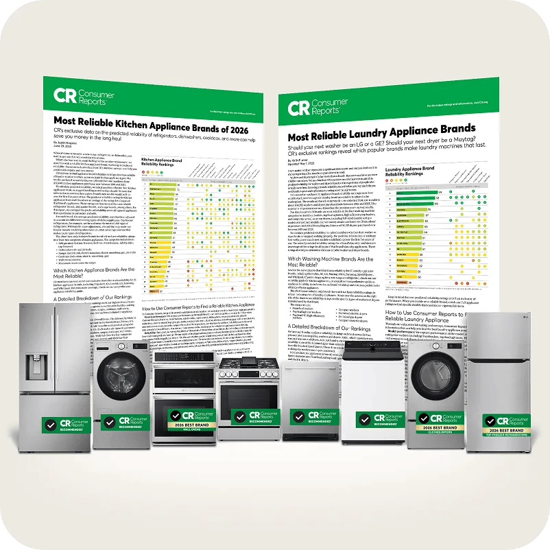 A lineup of LG appliances displayed in front of two Consumer Reports product rating pages, with Consumer Reports Recommended badges on the appliances.