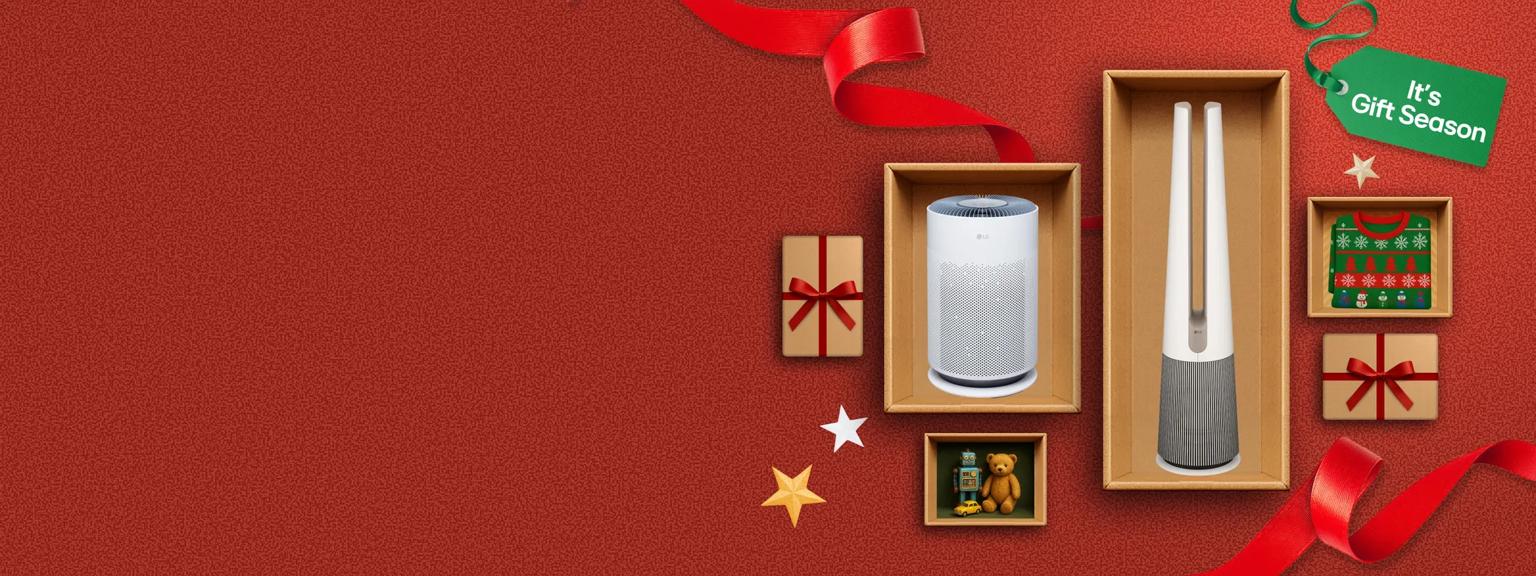“It’s Gift Season” tag. Various LG air care products and holiday-themed items appear in gift box collage layout. 
