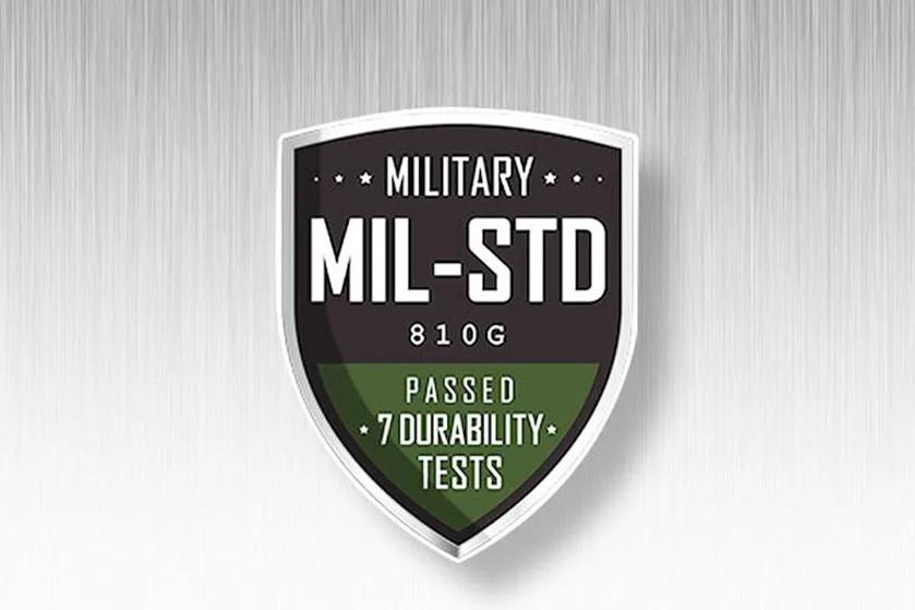 A shield-shaped graphic that says Military Standard 810 G - passed 7 durability tests.