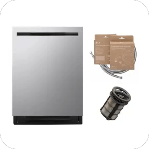LG LDNPM545S Top Control Dishwasher - Stainless Finish - Front View, LG AGF30462905 Universal Dishwasher Inlet Hose - Front View and LG ADQ74693702 Dishwasher Filter - Front View