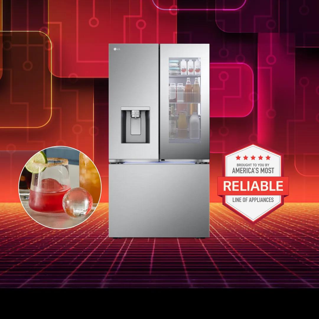 A refrigerator appears on a red background. “America’s Most Reliable Line of Home appliances” badge. Pop-out of Craft Ice.