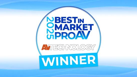 Blue and white graphic for AV Technology's 2025 Best in Market Pro AV Award Winner