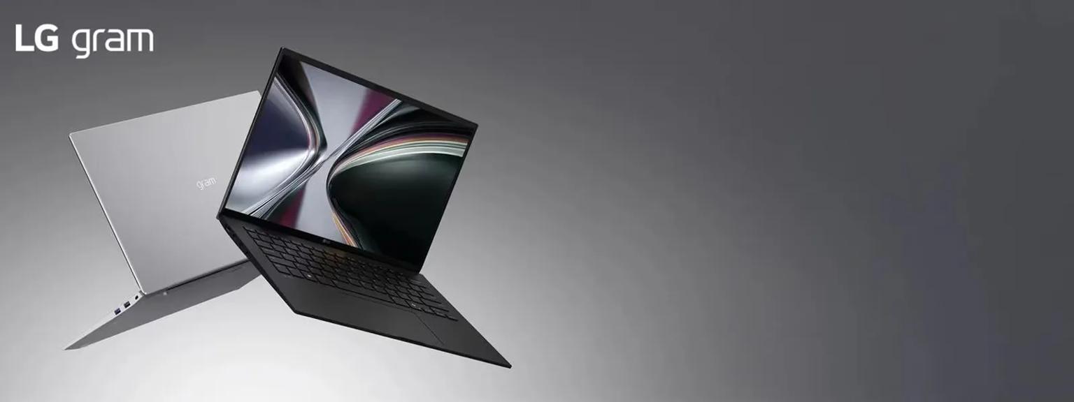 Two LG gram laptops on a grey background, with LG gram logo above them