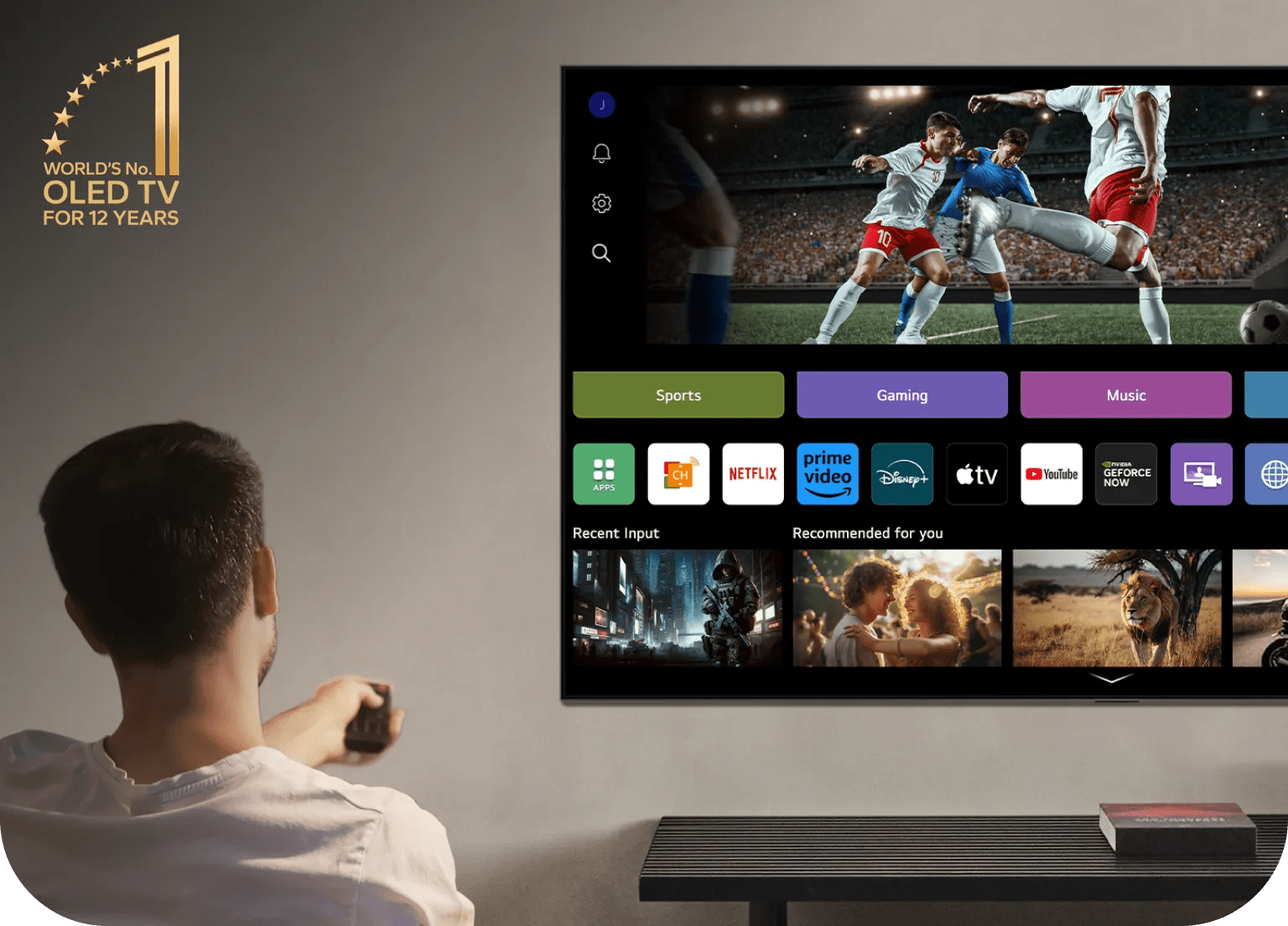 A man browses the webOS interface on an LG OLED evo using his Magic Remote. A gold icon reads 'World's No. 1 OLED TV for 12 Years' in the top left corner.