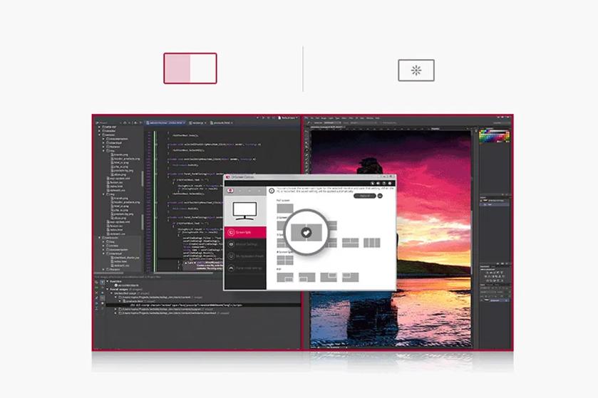 Split-screen display with coding and photo editing software.