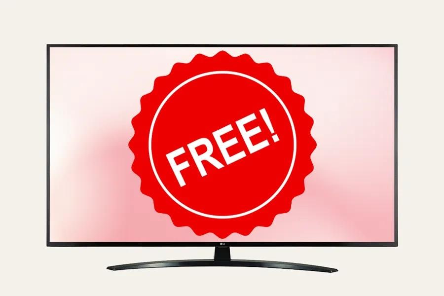 Television displaying a red badge with the word "FREE!" on a light pink background.