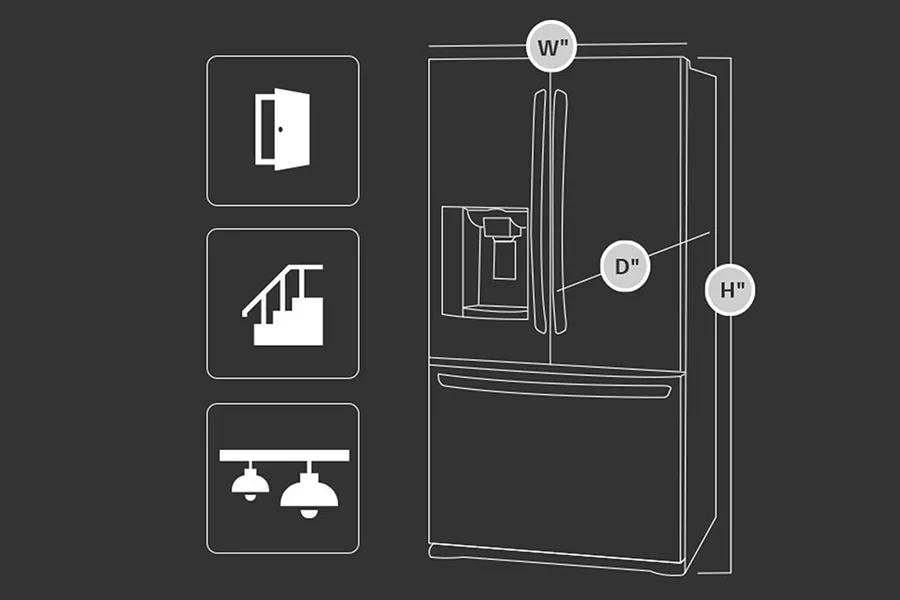 Refrigerator appliance depicting width height and depth measurements