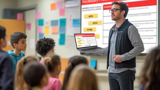 A teacher uses CreateBoard Share to cast a lesson from his laptop to the CreateBoard display