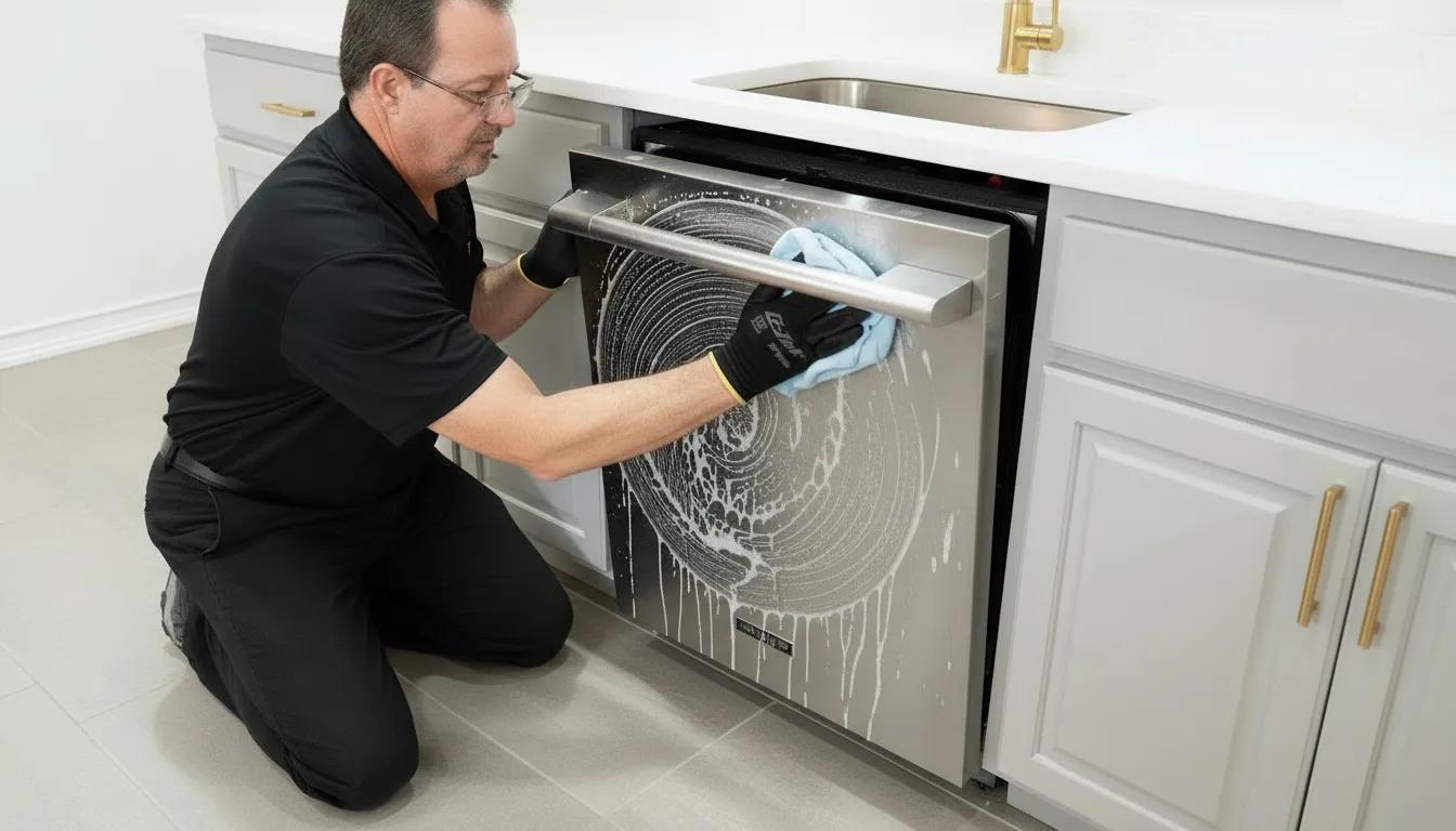 A service technician kneeling on the floor wiping down the soapy exterior front panel of a LG dishwasher with a blue cloth.