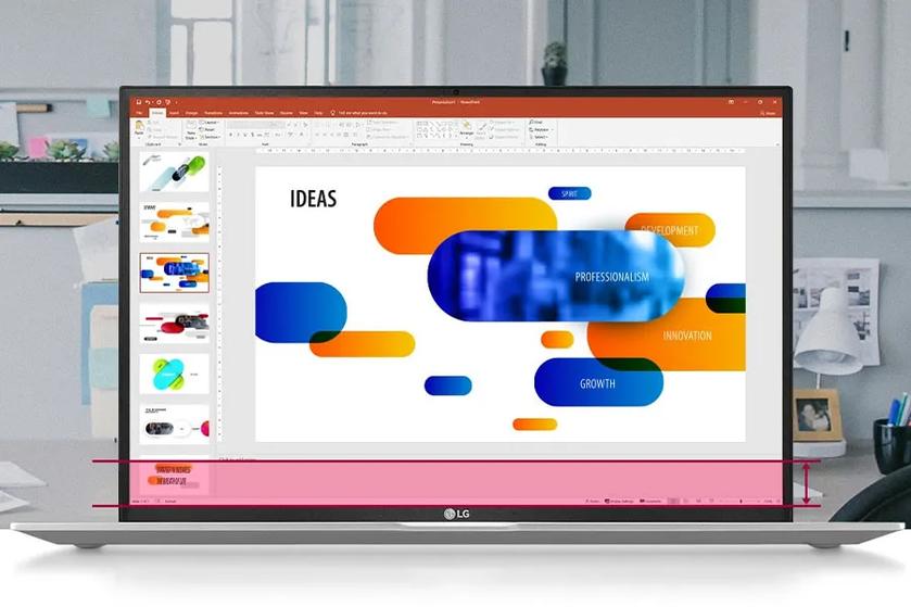 An LG mobile thin client with a bright colored presentation displayed on its screen.