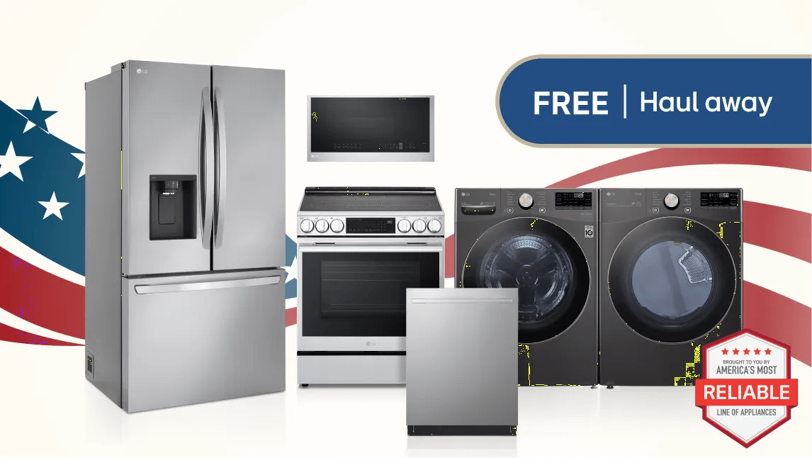 A group of home appliances on a stars and stripes background. Pop-out text reading “Free Haul Away”. “America’s Most Reliable Line of Home Appliances” badge. 