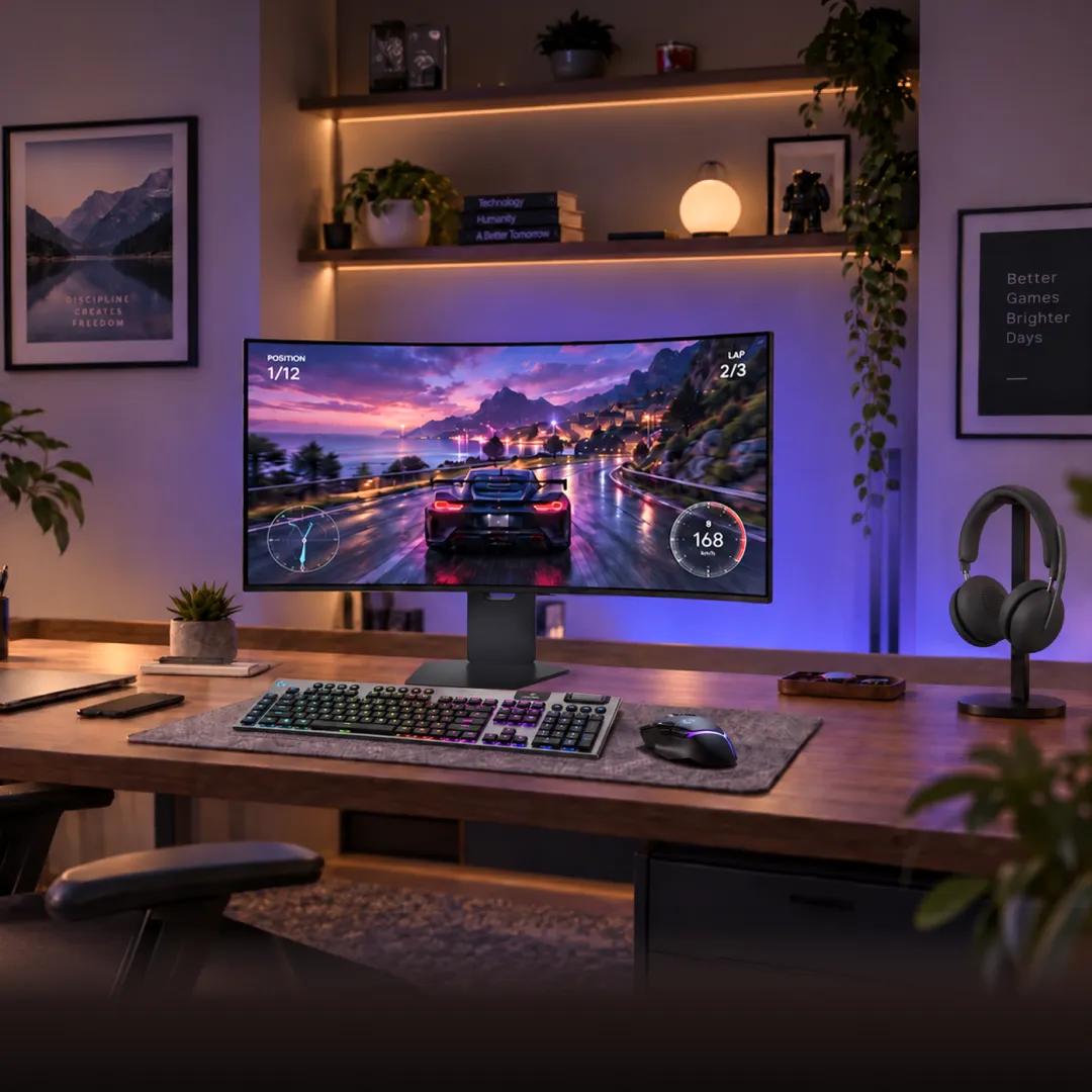 Curved LG gaming monitor displaying a racing game at dusk on a wooden desk, flanked by a mechanical RGB keyboard, gaming mouse, and headphones on a stand, with ambient purple lighting and framed motivational posters ("Discipline Creates Freedom," "Better Games Brighter Days") in a cozy gaming setup with plants and shelving.