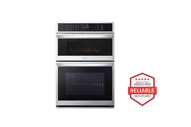 A front-facing image of an LG WCEP6427F double wall oven next to a red 'Brought to you by America's Most Reliable Line of Appliances' badge.