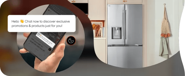 A smartphone with the LG ThinQ app has a notification that reads: “Hello! Char now to discover exclusive promotions & products just for you!” Next to it, is an image of an LG refrigerator in a modern kitchen.