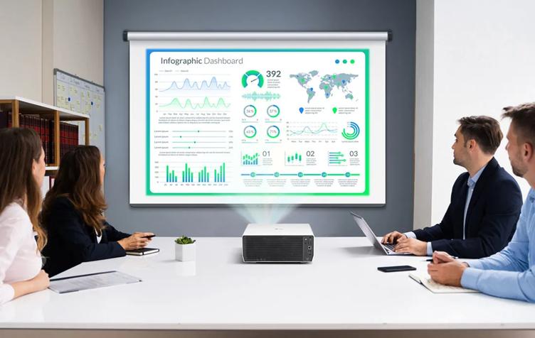 People in a conference room viewing an infographic projected on a screen.