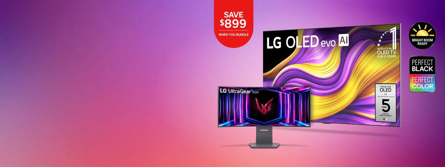 An LG OLED TV and UltraGear monitor appear on a purple background. “Save $799 when you bundle” sticker. “Bright Room Ready” badge. “Perfect Black, Perfect Color” badge.