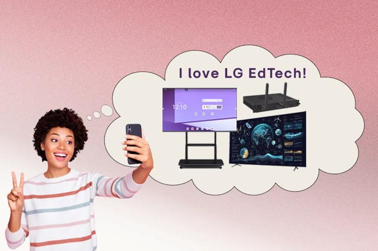 "Woman taking a selfie, thinking about LG EdTech with electronic devices in a thought bubble against a pink gradient background."

Transcribed Text:

"I love LG EdTech!"