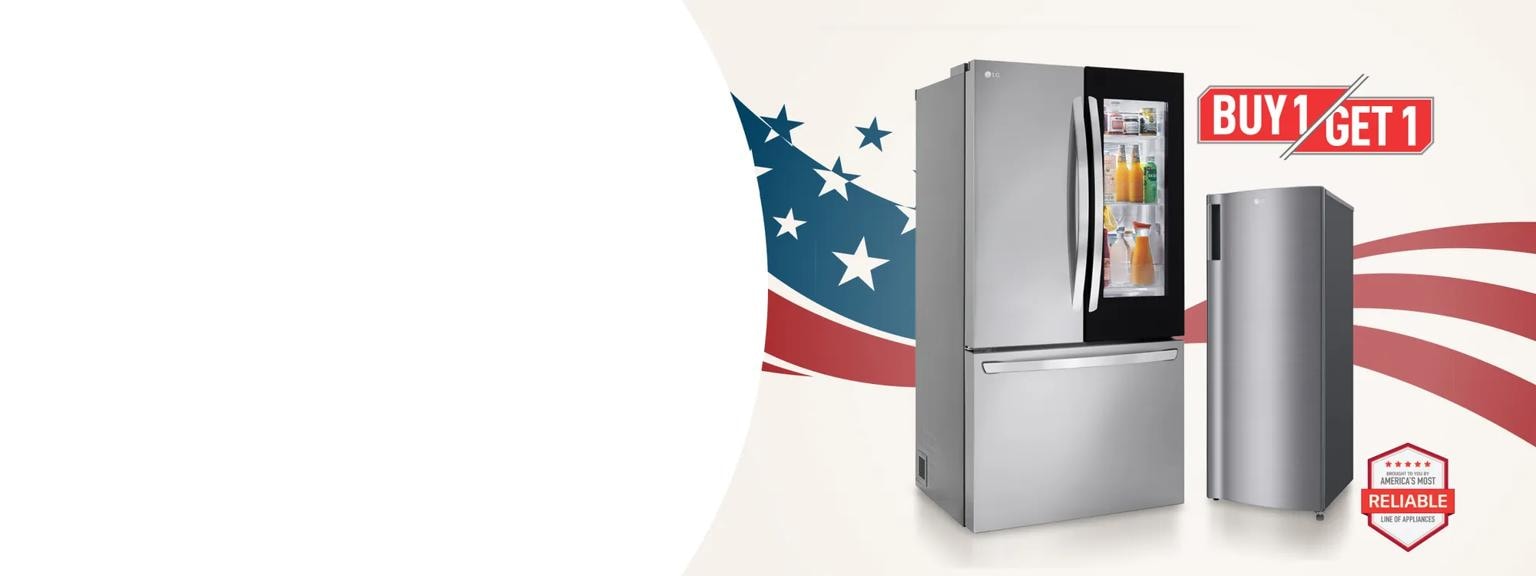 Two fridges on a stars and stripes background. “Buy 1, Get 1” badge above. “America’s Most Reliable Line of Home Appliances” badge below. 