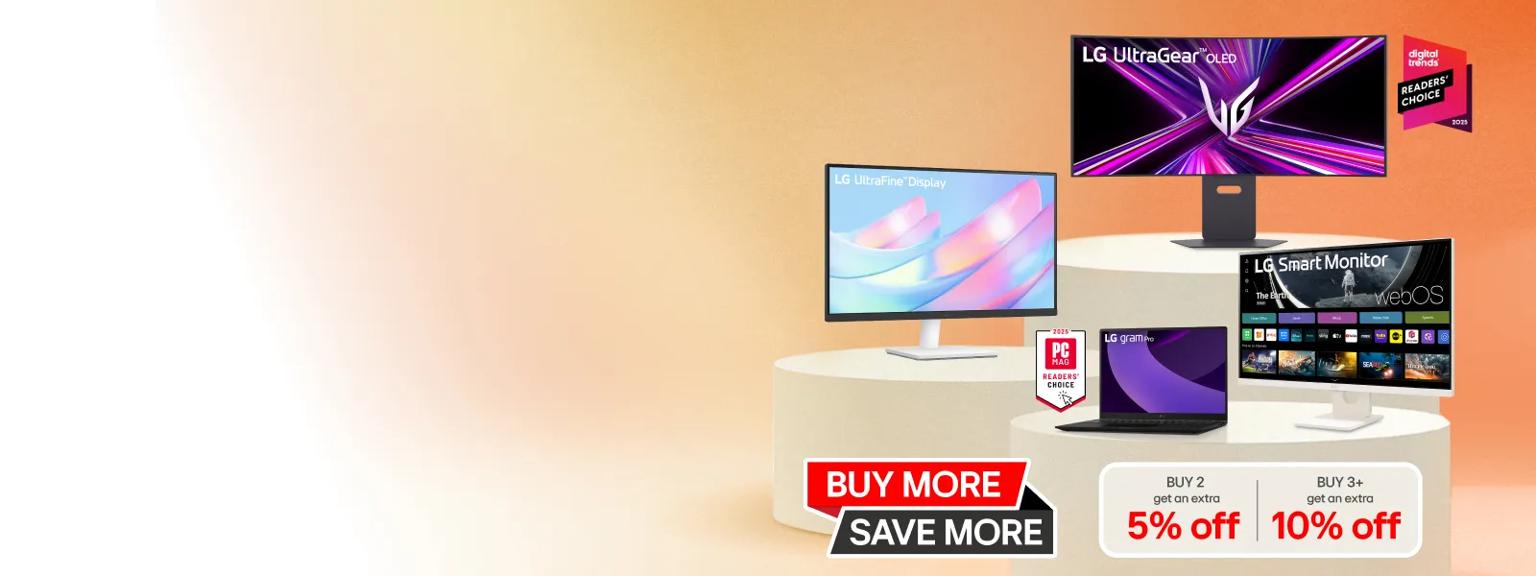 “Buy More Save More” title badge. A group of monitors appear side-by-side. “2025 PC MAG Readers’ Choice” and “Digital Trends Readers’ Choice 2025” badges. Reprinted with permission. Copyright 2025 Ziff Davis, LLC. All Rights Reserved.