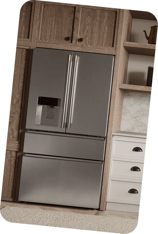 LG SIGNATURE appliances installed in a kitchen with open shelving, island, and large windows.