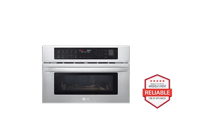 A front-facing image of an LG MZBZ1715S single wall oven next to a red 'Brought to you by America's Most Reliable Line of Appliances' badge.