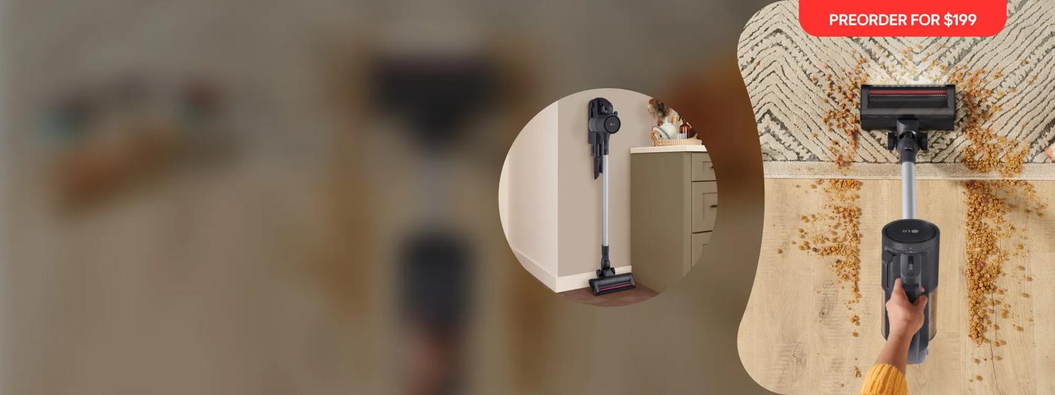 Overhead view of vacuum cleaning a large spill. Front-view of CordZero stick vacuum beside it. 