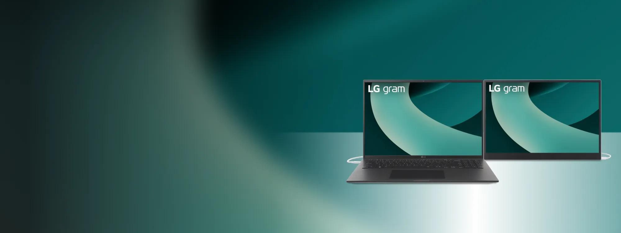 A laptop and portable monitor appear side-by-side before a green background.