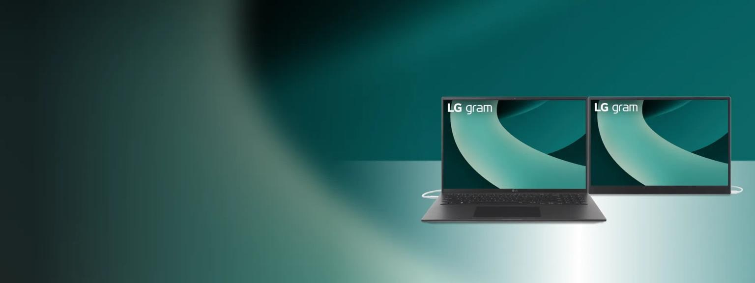 A laptop and portable monitor appear side-by-side before a green background.