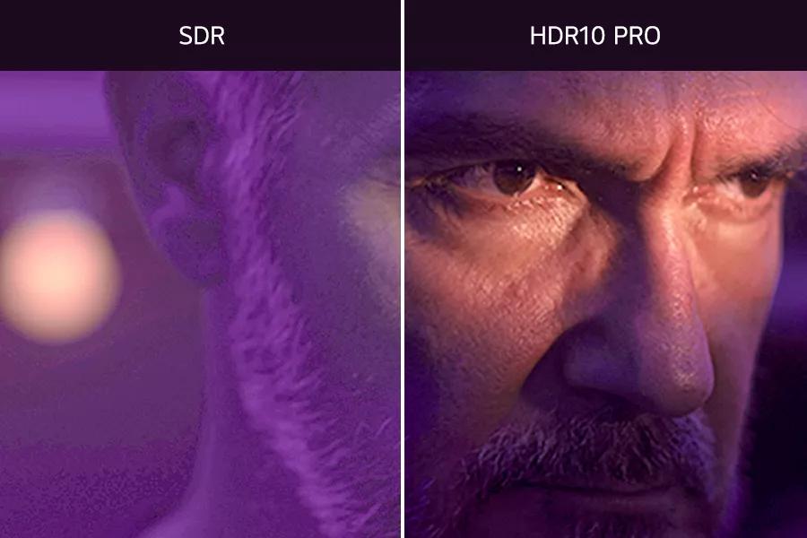 A man's head sectioned in two with one section in poorer SDR quality versus the other in better HDR10 Pro quality.