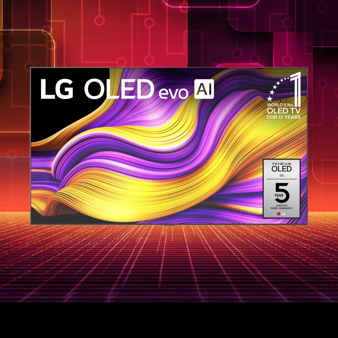 An OLED tv appears on a red background.