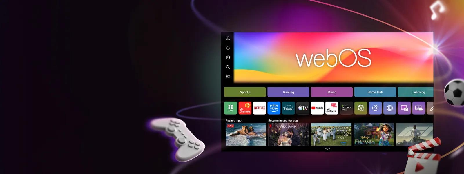 LG TV displaying the webOS smart platform home screen with Sports, Gaming, Music, Home Hub, and Learning categories, streaming apps including Netflix, Prime Video, Disney+, Apple TV, YouTube, LG Channels, LG Gallery+, and GeForce NOW, plus Recent Input and Recommended for you content rows, surrounded by floating gaming controller, soccer ball, music notes, and film clapper icons
