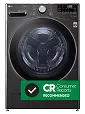 Front view of dark gray front-load washer with Consumer Reports Recommended banner at the bottom right.