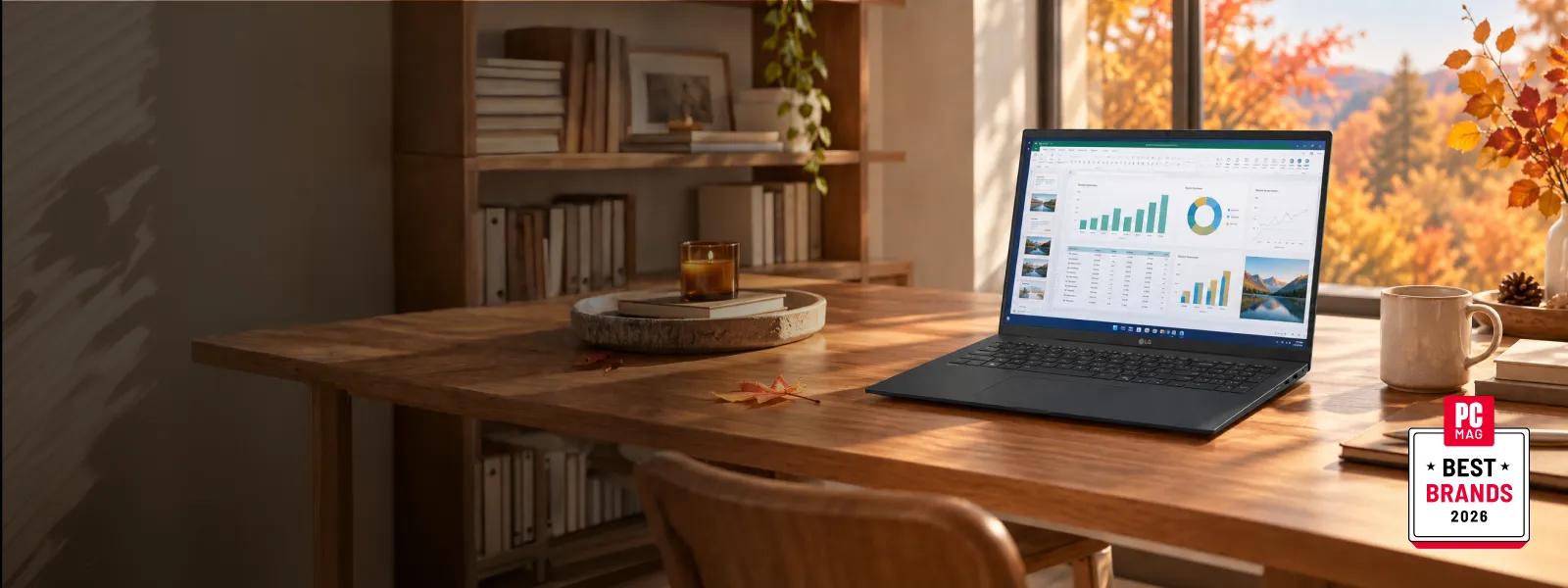 LG gram laptop open on a wooden desk displaying a spreadsheet, set in a warm home office with bookshelves and an autumn window view, with PC Mag Best Brands 2026 badge visible.