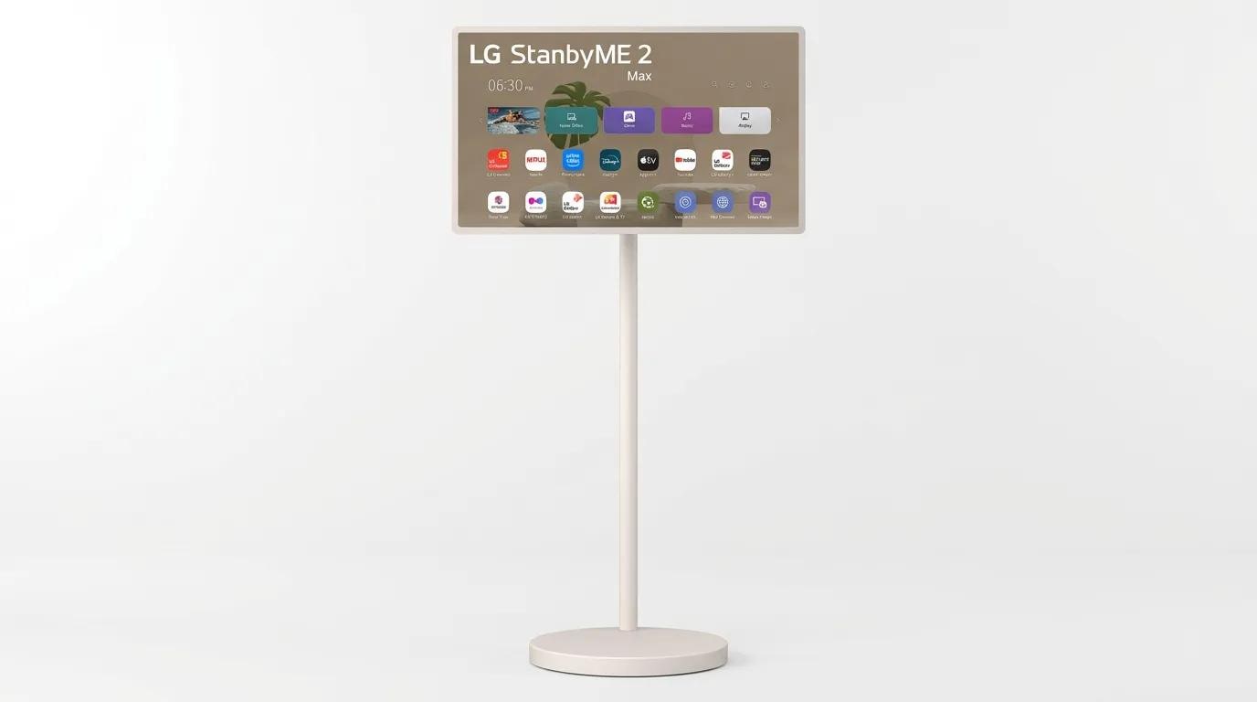 LG StanbyME 2 Max — a portable touchscreen display on a tall wheeled stand, showing its home screen with time (6:30 PM), Home Office/Game/Music mode tiles, and app icons including Netflix, Prime Video, Disney+, Apple TV, YouTube, and LG's own apps — set against a plain white background.
