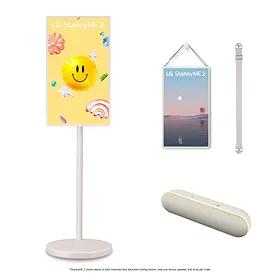 LG StanbyME 2 27-inch portable smart screen with Carry Strap and XT7 Bluetooth Speaker accessories.
