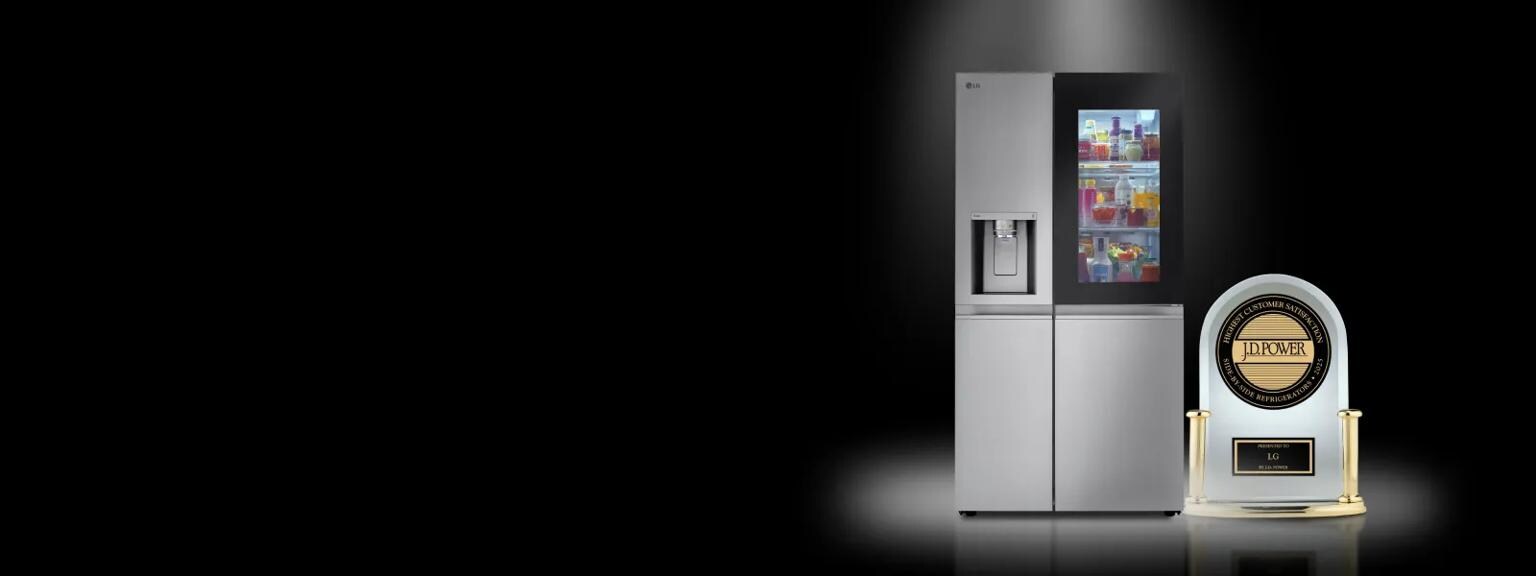 On a black background, an LG refrigerator and a JD Power trophy stand side by side.