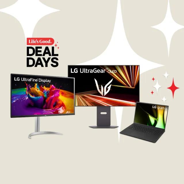 “Life’s Good Deal Days” title badge. A group of LG monitors and laptops appear on a tan background. 