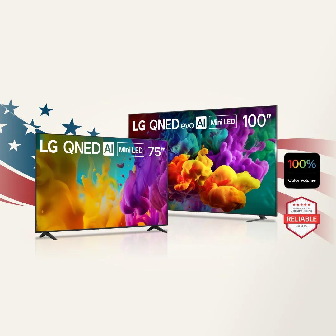 LG QNED AI Mini LED 75-Inch TV and LG QNED evo AI Mini LED 100-Inch TV displayed against an American flag graphic, with 100% Color Volume badge and America's Most Reliable Line of TVs badge.