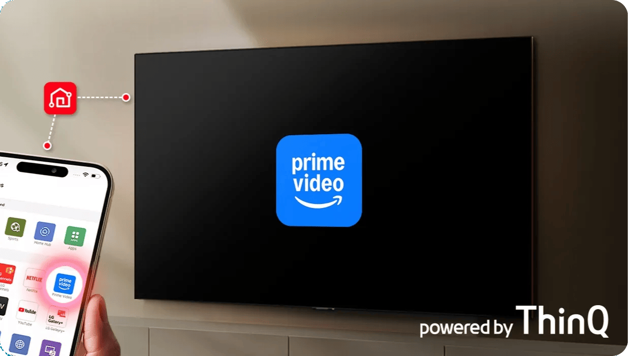 LG TV displaying Amazon Prime Video app, controlled via smartphone with webOS Home Hub icon, powered by ThinQ
