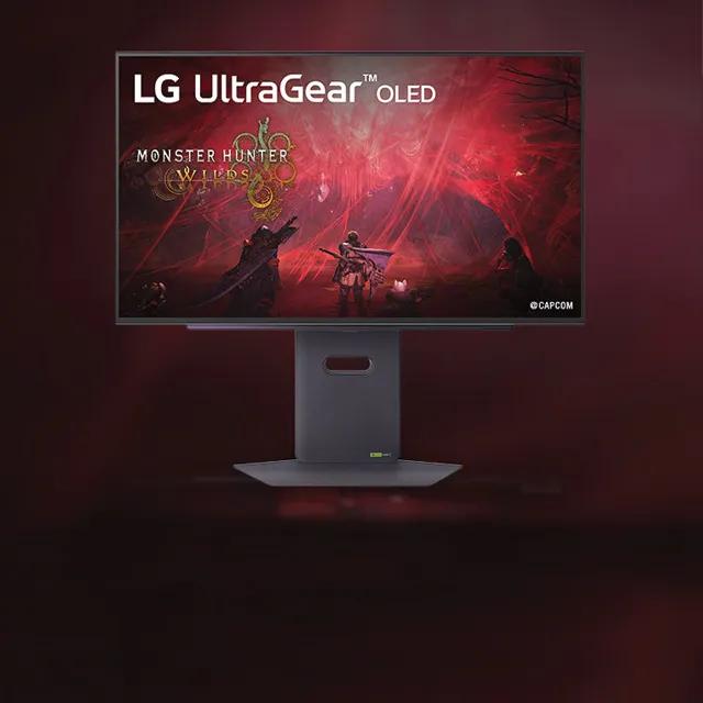 An LG UltraGear Monitor appears on a black and red background. The monitor infill displays a scene from the game Monster Hunter Wilds, copyright Capcom