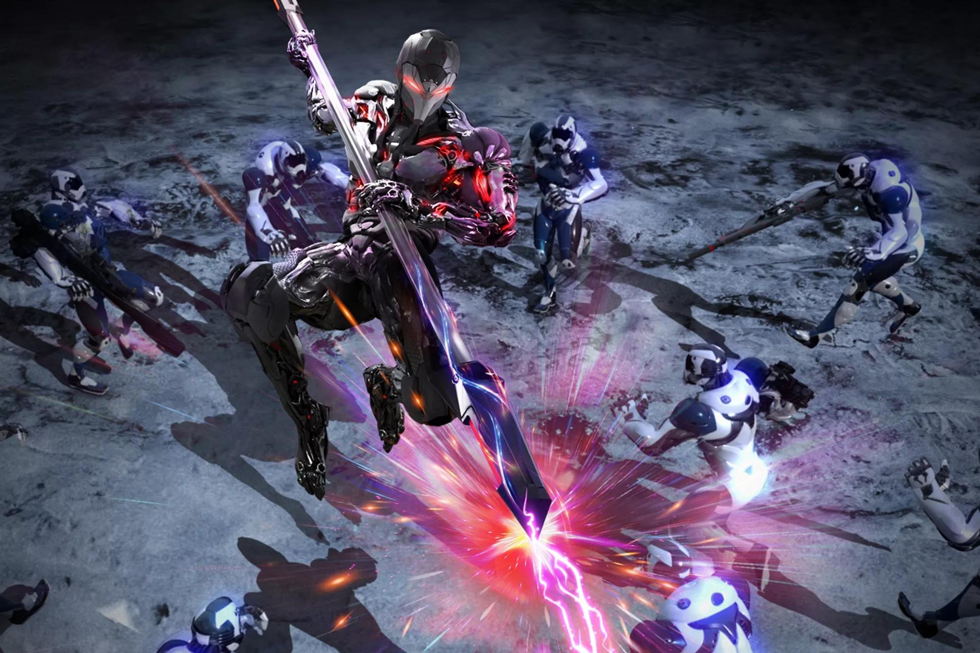 UltraGear main character is holding a long spear Express dynamic motion with vivi color