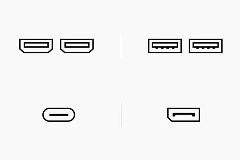 Line drawings of HDMI, USB-A, USB-C, and DisplayPort connectors.