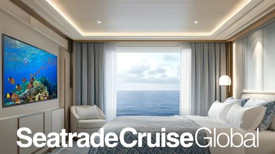 Cabin with LG TV on the wall. The Seatrade Cruise Global logo is on the bottom.