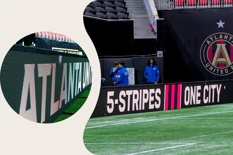 Photographs of the new LG Direct View LeD displays at the Mercedes-Benz stadium in Fenway Park. On the left is a close-up of the stadium series ribbon display, on the right is a farther shot of the display with players standing behind it and the field in the foreground.